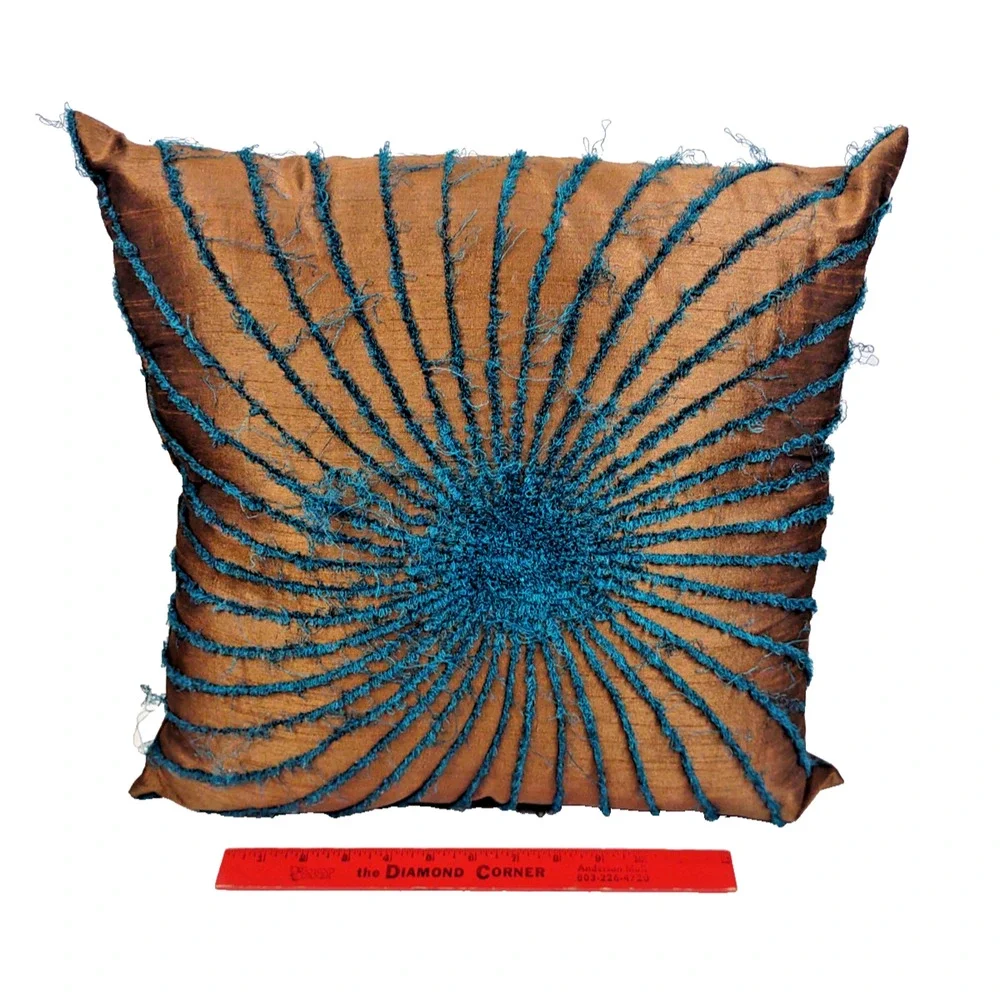 Twill Tweed Sunburst Teal and Gold Square Decorative Throw Pillow 16